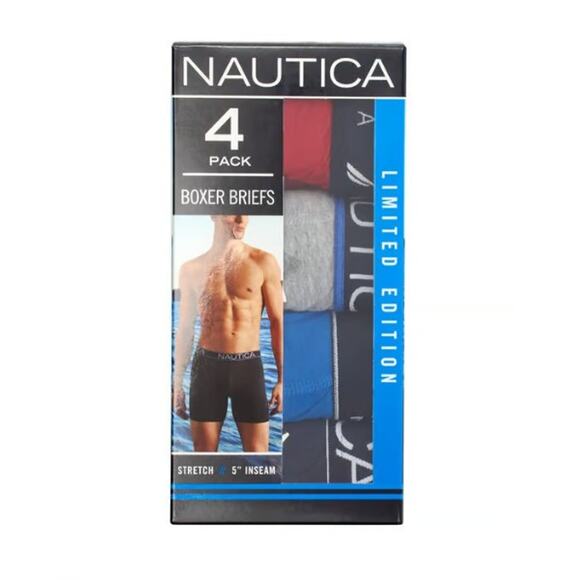 Nautica Men's Large 36-38 Boxer Briefs 4-Pack Red/Grey/Blue 5" Inseam NIB - Picture 1 of 2